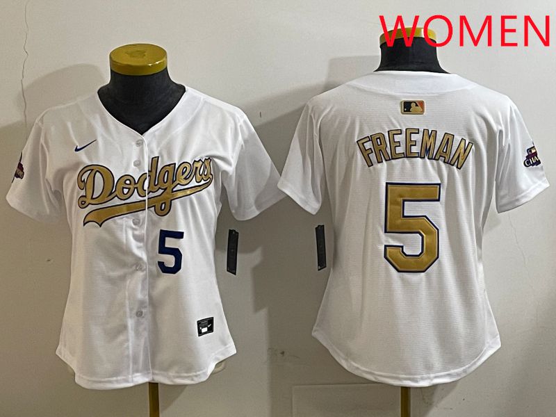 Women Los Angeles Dodgers #5 Freeman White Champion gold character 2025 Nike MLB Jersey style 4121->women mlb jersey->Women Jersey